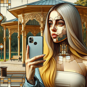 Maximalism，Park Pavilion，Wear clean and tidy clothes，Woman wi...