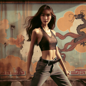 Athletic Thin skinny Attractive, Asian teenage girl, long brown hair and bangs, wearing tight skinny jeans and a halter top paint marks on her clothing, heroic pose Asian graffiti background, backside view