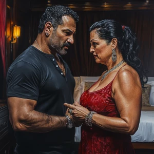 Realism art.A man(sweaty beefy muscular)  standing(talking)with...