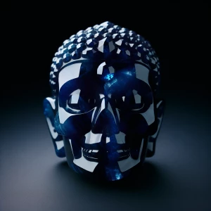 A serene visage skull carved from deep blue diamond, with intric...
