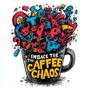 /imagine hand-drawn coffee cup overflowing with chaotic elements...