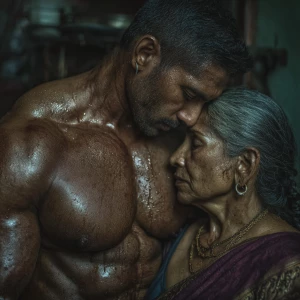 Realism photo painting.a muscular sweaty indian man standing b...