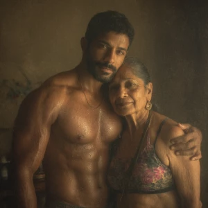 Realism photo painting.a muscular sweaty indian man standing b...