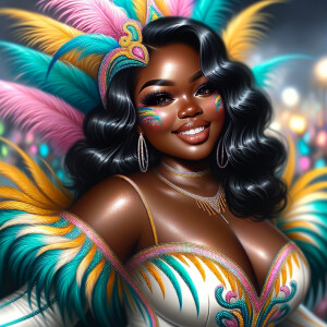 Create a 3-D  vivid full-body view of a colorful glossy hyper-realistic oil painting of a detailed illustration full length photo single image of a beautiful African-American caramel skinned woman plus sized, with long, black, wavy hair, her make up is airbrushed and flawless, she is dressed in a white, teal and yellow large, elaborate, elegant, very detailed carnival costume with colorful African-American pink, blue, gold yellow green feathers, flawless makeup, prominent lashes, black peep toe heels, white pixie hair, background bokeh, she is stunning and smiling, digital art.