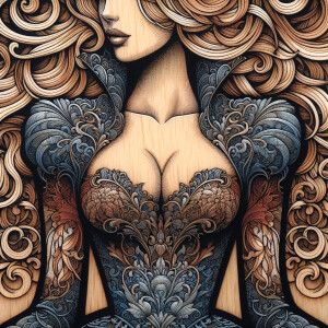 Blue and red lace dress,blonde hair,big breasts,