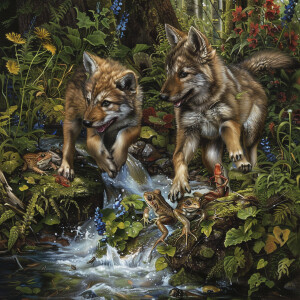 Wolf puppies are running past a group of frogs.