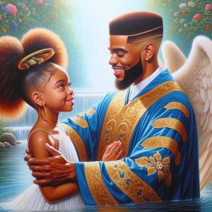 An oil painting depicting a light-skinned African-American pasto...