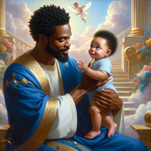 Classical oil painting style depicting an African-American Jesus...