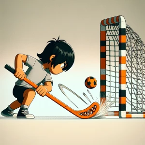 A young boy picking a floorball stick and slapping the floorball...
