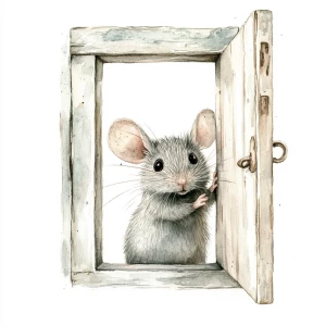 Mouse peeking through a small vintage open door. Watercolor styl...