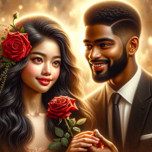 A photorealistic portrait of a young, diverse couple sharing a t...