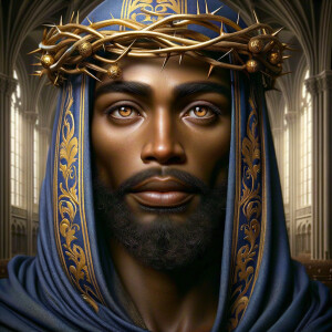 A hyper-realistic image of an African-American Jesus Christ, ser...