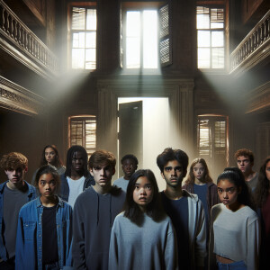 Four teenagers are standing in an abandoned mansion. There's an...