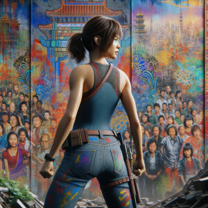 Athletic Thin skinny Attractive, Asian teenage girl, long brown hair and bangs, wearing tight skinny jeans and a halter top paint marks on her clothing, heroic pose Asian graffiti background, backside view