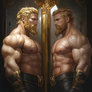 Here's a rewritten scene:

Before the mirror's reflective gaze,...