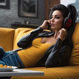 A sophisticated female model lounging comfortably on a sofa, wea...