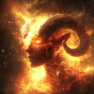 Create a celestial entity representing Aries emerging from a vio...