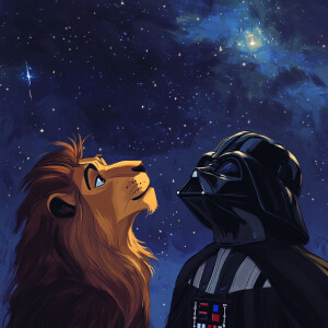 Mufasa and Darth Vader wearing his iconic costume stand side by...