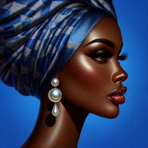 Create an airbrushed digital portrait of an animated
African-American woman in profile against a solid cobalt
blue backdrop. Her radiant skin, strikingly long eyelashes, a
pronounced nose, and voluminous natural glossy lips are
showcased. She wears a headwrap adorned with intricate
diamond patterns. Large, elegant pearl drop earrings
complete her appearance, showcasing the entire headshot
details with a focus on sophistication and grace. The digital
art should highlight her striking features against the vibrant
background, creating a visually stunning piece.