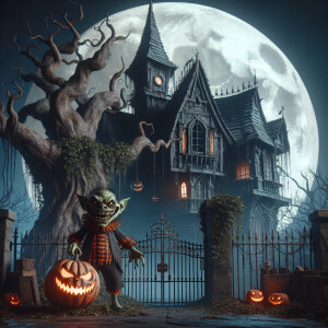 Halloween goblin standing next to a haunted house and tree