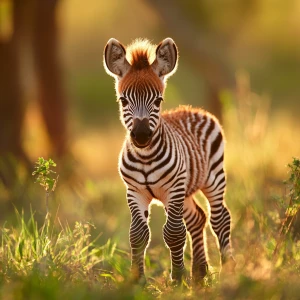 An adorable newborn baby zebra with fuzzy black and white stripe...
