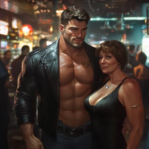 realism,a muscular beefy sweaty man,walking entering in a night...