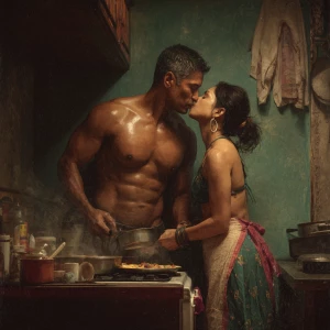 Realism photo painting.a muscular sweaty indian employer man ca...