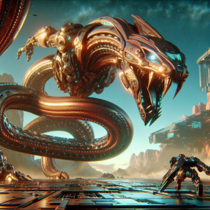 Giant copper mech robotic snake hunting giant iron mech robotic...