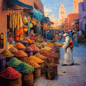 Ein malerischer orientalischer Markt in Marrakesch bei Sonnenunt...