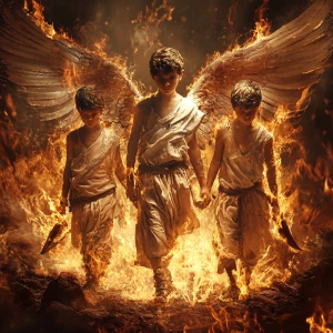 Create image of three Hebrew boys and an angel surrounded by flames but are unharmed