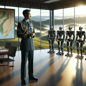 a Military officer speaking to Robots with lush green hill view...