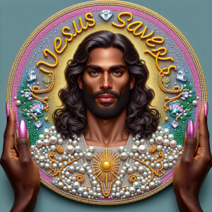 A 3D realistic artwork featuring the phrase 'Jesus Saves' adorne...