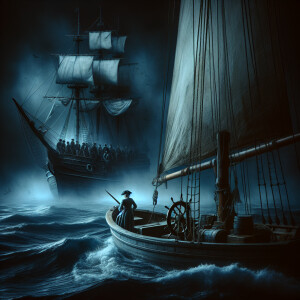 The ship sails at night. There is one person standing on it. And...