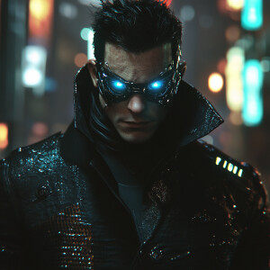 A cyberpunk detective with a sleek black trench coat, luminous n...