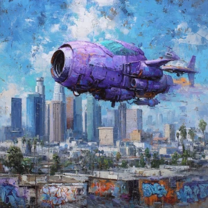A purple ominous small spacecraft with no wheels floats above L...