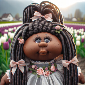 African-American cabbage patch doll with huge dimples,
Her hair...