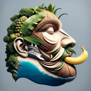 Create an 8K UHD 3D portrait melding human likeness with island-...