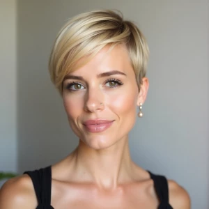 Create a photo of a beautiful woman with a stylish short pixie b...
