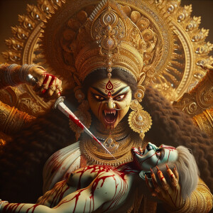 portrait of angry looking goddess durga  carrying a weak mahishasur in her arms and poking him with her amazingly long red fingernails. She is wearing a huge gold crown, white saree, abundant  gold jewelry, covered in blood. The scene is set in ancient India. The image is 8K resolution, cinematic, ultra detailed face and epic.