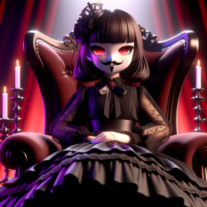 A girl named lilith wearing elegant gothic lolita dress  sitting on the thrones, red purple aura, smirk evil, 3D, humanlike