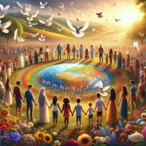 Craft an idyllic scene symbolizing world peace, where people of...