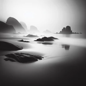 A monochrome landscape of a deserted beach, the smooth sand, jagged rocks, and gentle waves all blending into a harmonious gradient of grays, with the distant horizon faintly visible through the mist