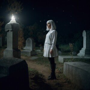 A girl with white hair stands at night near a grave with the ins...