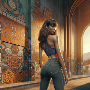 Athletic Thin skinny Attractive, Asian teenage girl, long brown hair and bangs, wearing tight skinny jeans and a halter top paint marks on her clothing, heroic pose Asian graffiti background, backside view