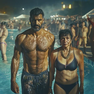 Create a hyperrealistic HD image of a muscular, sweaty man walki...