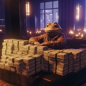 PEPE meme,counting very large stacks of money in the night club,...