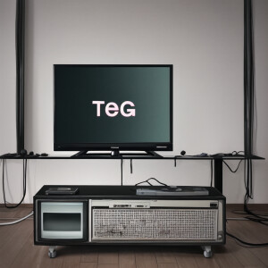 Eerie scene of a tube tv with the word “GAG” on the screen