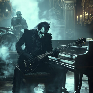 A vampire playing a black electric guitar in a dimly lit, gothic...