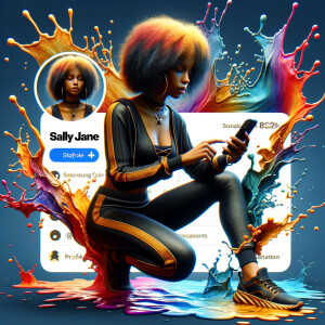 Create a 3D illustration of a realistic light skinned African-American woman playing on her knees, FAITHBOOK social media with a splash colours water effect. She is wearing a gold and black jumpsuit and gold and black Nike gym shoes. The background is a FACEBOOK Oh my gosh social media profile with a user name “KAREN SHOWELL” and profile picture of him and a beautiful sky profile cover.