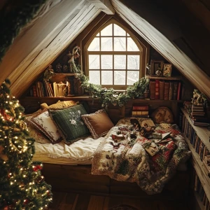 Create a gingerhouse themed attic with books, cute, warm